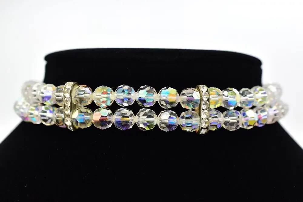 Vintage Aurora Borealis Crystal Choker Necklace AB Glass Chunky 60s 1950s BinBL
